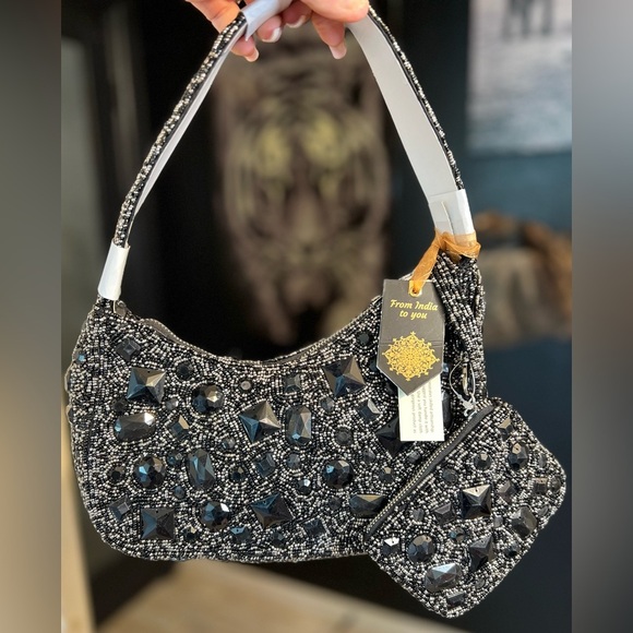 🖤🩶🖤 MADE IN INDIA BEAUTIFUL Black Beaded Shoulder Bag With Coin Purse🖤🩶🖤NWT - Picture 16 of 17